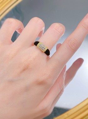 珠宝欧美新款925银中古感素金款K黑玛瑙戒指复古简约戒指环