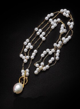 欧美时尚仿珍珠0T扣长款项链x巴洛克淡水珍珠吊坠项链女气质毛衣