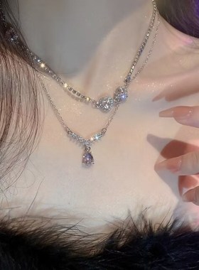 水晶爱心粉色水钻双层项链女锁骨链E网红气质新娘颈链脖子装饰配