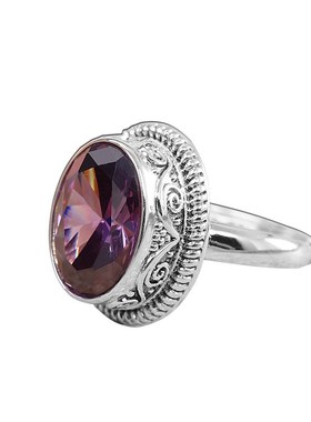 跨境饰品 时尚简约女式s925M银镶嵌紫晶开口戒指新品