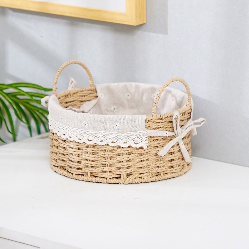 桌面收纳化妆品收纳盒零t食杂物布艺钥匙田园茶几编织篮子圆形