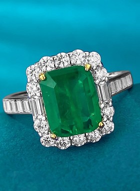 珠宝 2023新款p925银仿真祖母绿切割2克拉群镶满钻戒指7*9mm