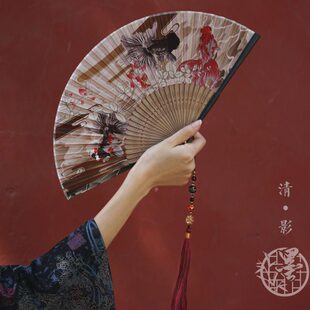 墨雨阁「清影」古风和风烫金布面折扇子金鱼扇坠流苏礼物七夕