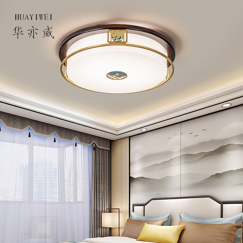 新中式吸顶灯客厅长方形卧室灯中国风乌檀木全铜餐厅家用风扇灯具