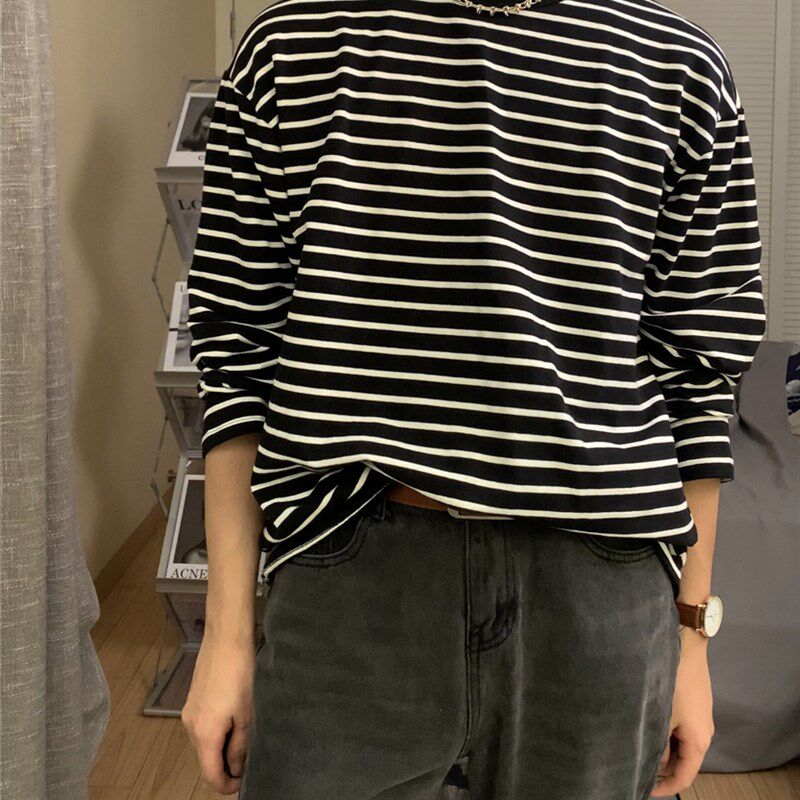 方人也屹黑白条纹t恤男长袖秋季新款休闲宽松韩版潮流体恤打底衫