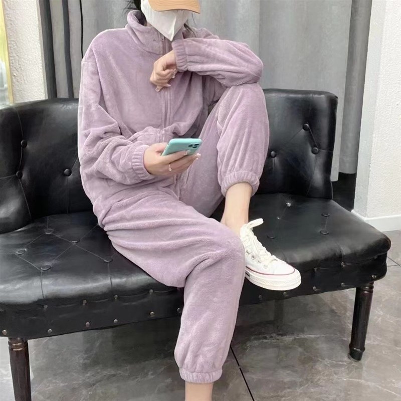 2023b新款睡衣女秋冬季珊瑚绒加绒加厚保暖家居服外穿韩版休闲套