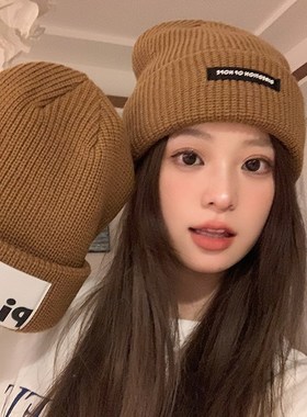 复古风潮牌字母贴布针织毛线帽女B秋冬季保暖防寒韩版网红百搭帽
