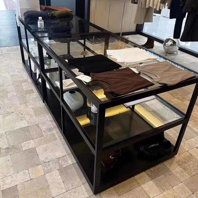 服装店胡桃色实木中岛柜女装店陈列中间摆台饰品展示架玻璃中岛台