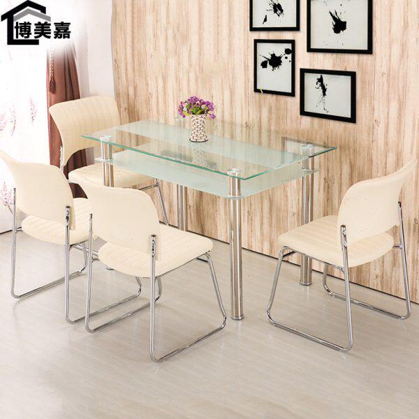 小户型家用饭桌双层长方形桌椅组合钢化玻璃台面餐桌简约四方桌子