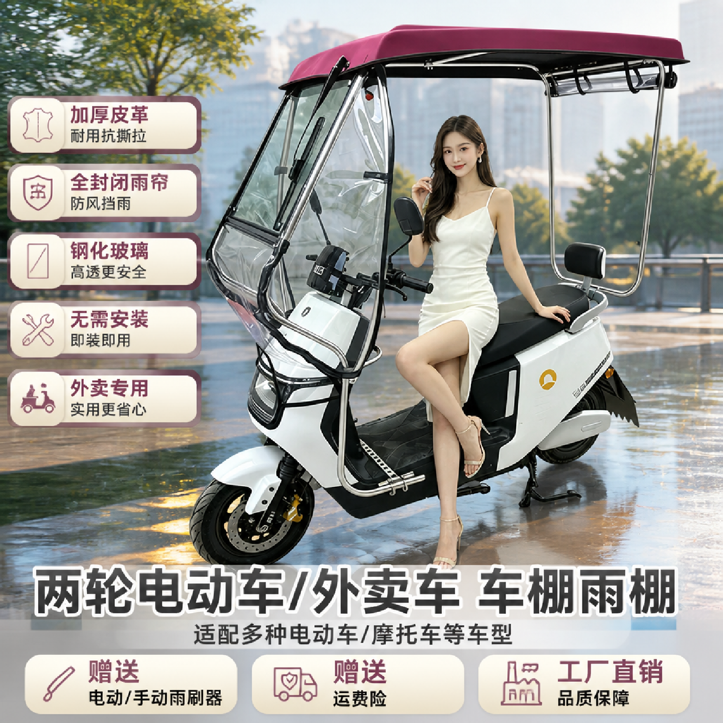 两轮电动车电瓶车加厚外卖骑手雨棚新款加宽前挡雨棚带自动雨刮器