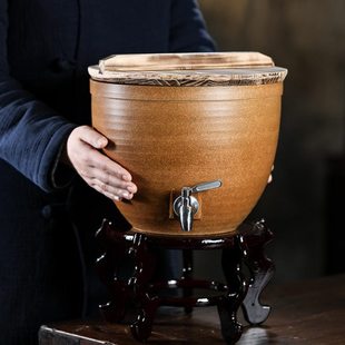 听壶居新款紫砂水缸家用厨房存水坛木盖粗陶水罐泡茶缸茶桌水壶8L