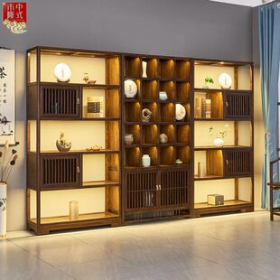 老榆木展示柜多宝格置物架茶叶柜新中式博古架茶饼柜货架带灯组合