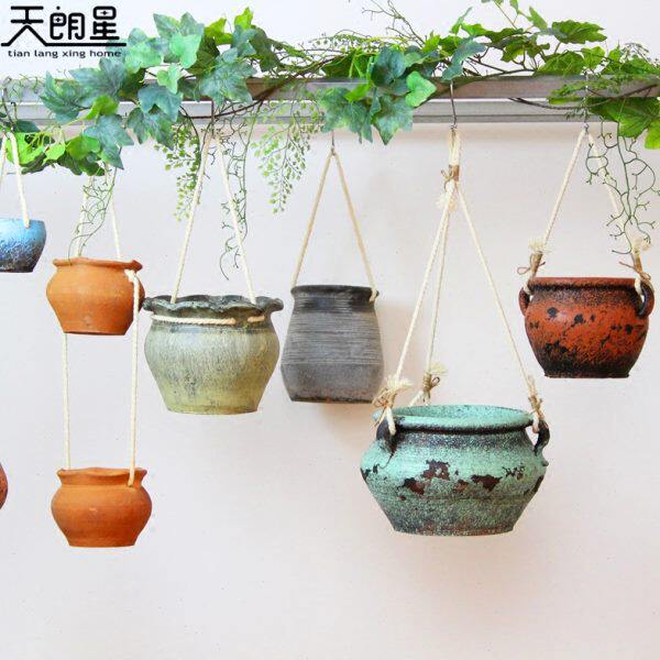 天朗星家居 田园悬挂粗陶花盆做旧复古陶罐花器壁挂陶器悬吊花盆