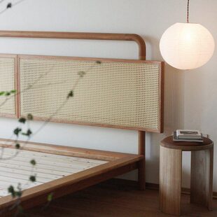 度仓 北欧复古樱桃黑胡桃实木藤编床日式现代简约柚木主卧双人床