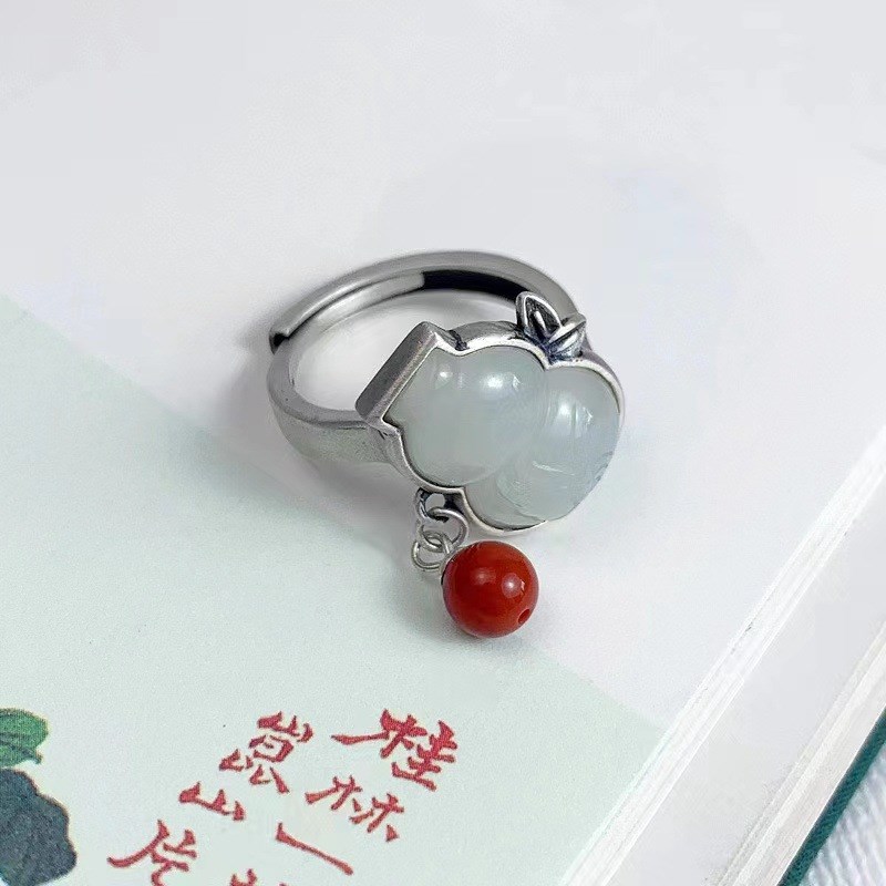 民族风藏b银葫芦戒指女复古百搭个性仿和田玉髓开口可调节食指指