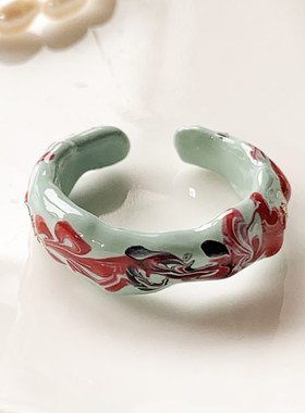 2023年新款高级感小众t设计滴油开口叠带个性拼色镶嵌情侣指环戒