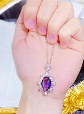 简约新款仿天然橄榄石项链女 时尚清新K紫钻水晶彩宝锆石吊坠