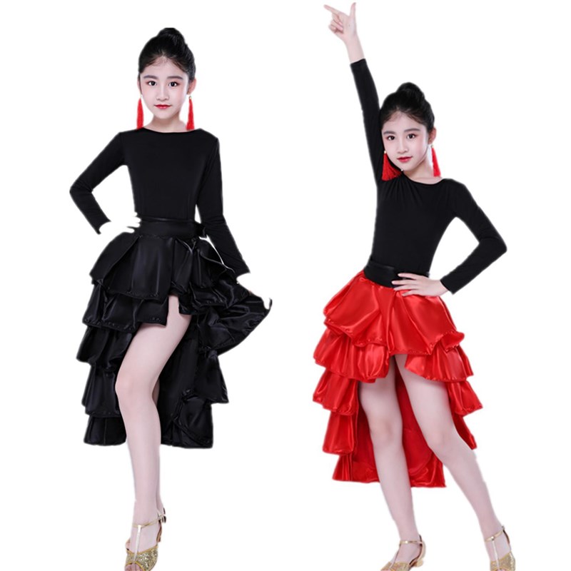 西班牙斗牛舞斗篷红色儿童拉丁舞练习裙半身裙大摆裙表Z演舞蹈服