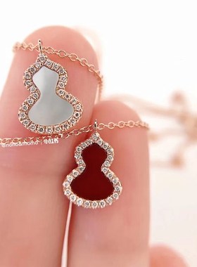 18K玫瑰金麒麟葫芦红玉髓白贝母吊坠锁O骨链女小裙子项链配饰