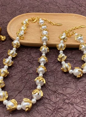 青岛中古Vintage西洋复古轻奢高级H设计感巴洛克珍珠项链手链套装