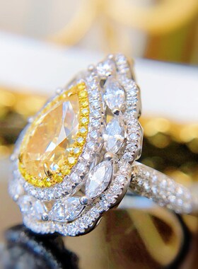 抖音直播彩宝饰h品 新款奢华群镶阿斯切黄钻水滴梨形戒指开口