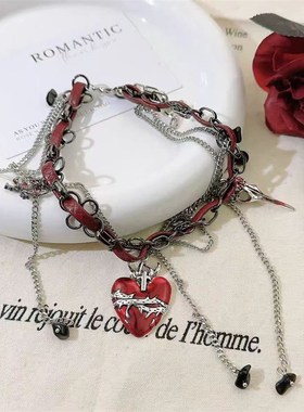 亚文化禁锢荆f棘红色爱心流苏皮革项链暗黑系气质甜酷choker颈链