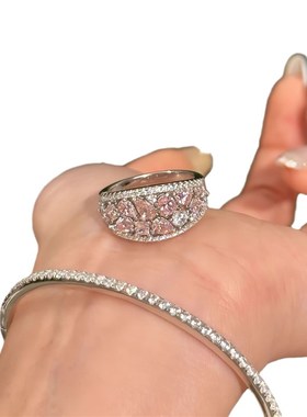 Vintage中古k风粉钻微镶锆石戒轻奢满钻璀璨精工复古奢华叠戴指环