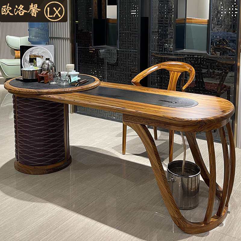 新中式现代轻奢乌金木实木火烧石喝茶会客家用储物茶桌台椅凳组合