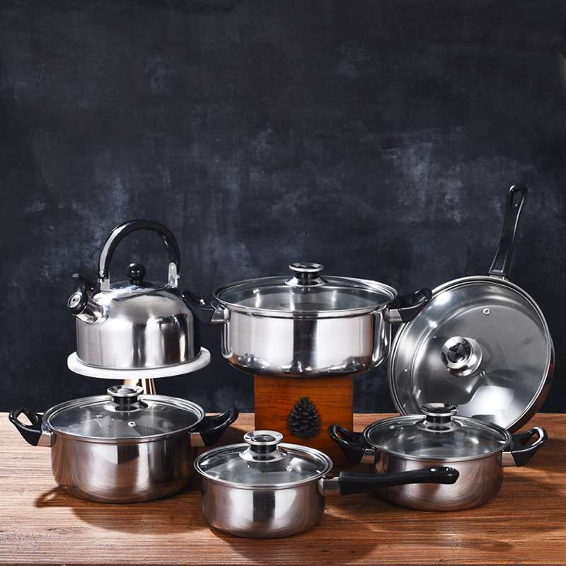 厂家炊具加厚不锈钢锅具套装水壶奶锅汤锅平底锅12件套装锅跨境