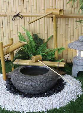 日式庭院石钵流水水景石灯笼枯山水惊鹿竹子户外花园阳台禅意水钵