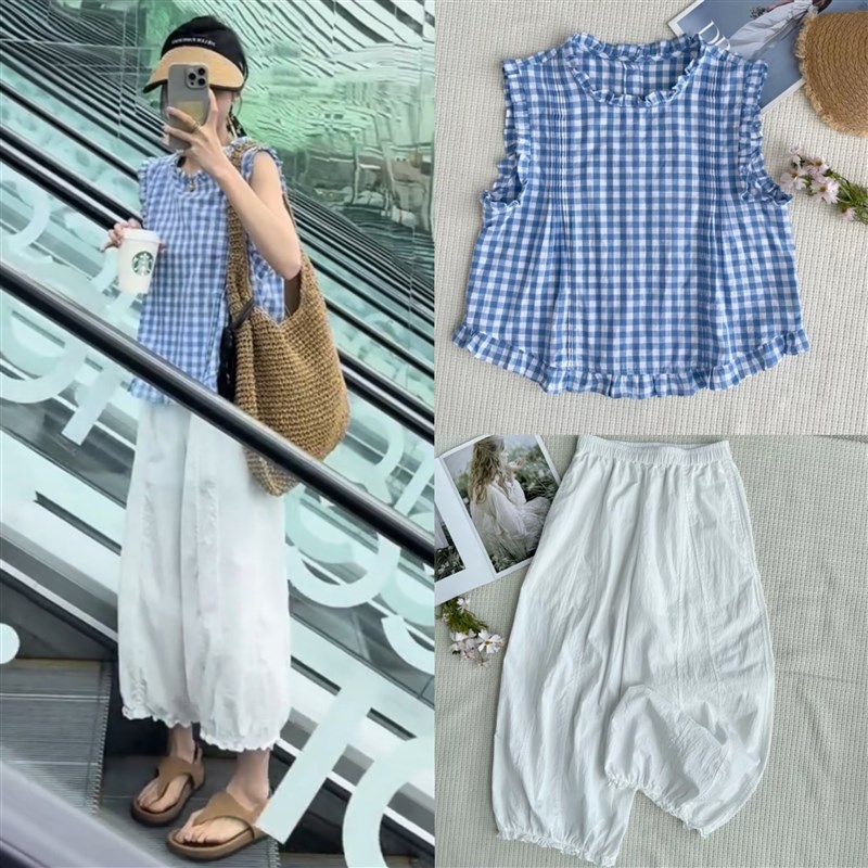 夏季爆款设计感时尚套装女格v子飞袖小衫+九分灯笼裤巨好看两件套