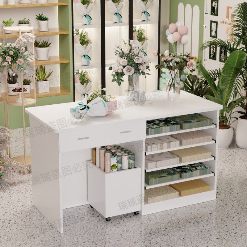 带抽屉双面抽拉式包装纸收纳柜花店花架桌多功能R收银台操作插花