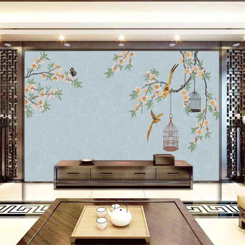 独秀壁布电视墙花鸟刺绣新中式独绣背景墙布新古典沙发客厅人气款