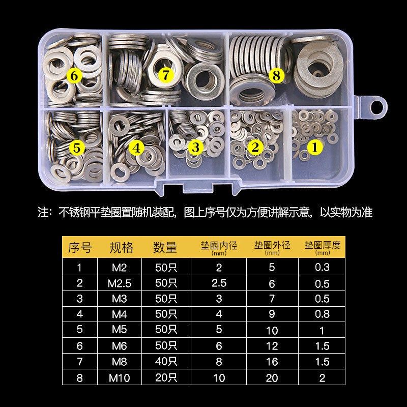360只不锈钢平垫圈盒装M2M2.5M3M4M5M 6M 8M10螺丝平垫片垫圈平垫