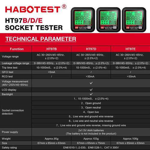 华博HT97D/HT97E插座测试仪多功能验电器漏电检测测试仪HABOTEST