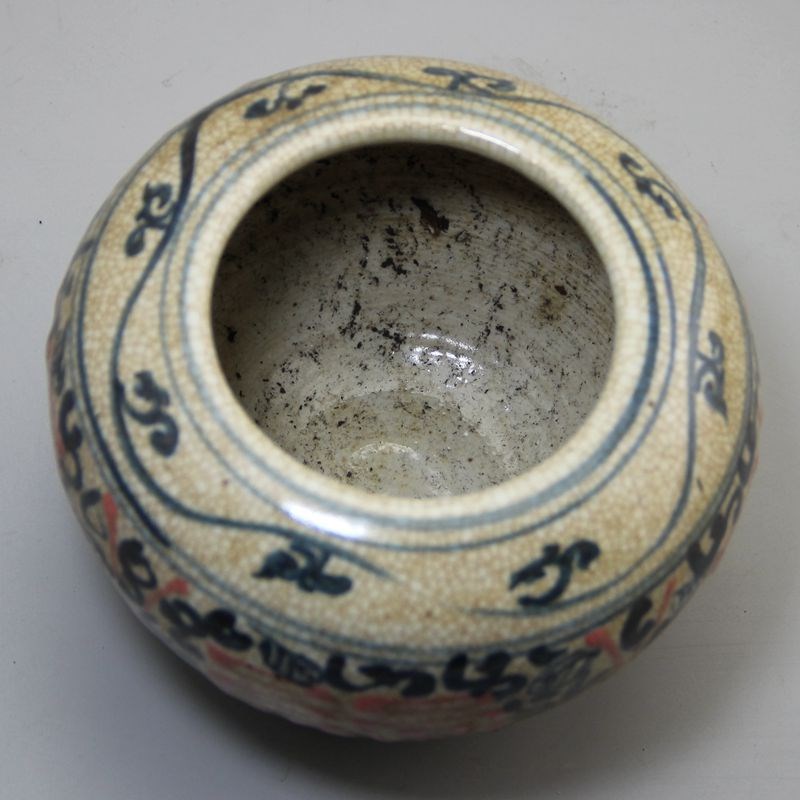 复古做旧古玩杂项收藏瓷器工艺品彩绘四福字无盖罐子储物罐