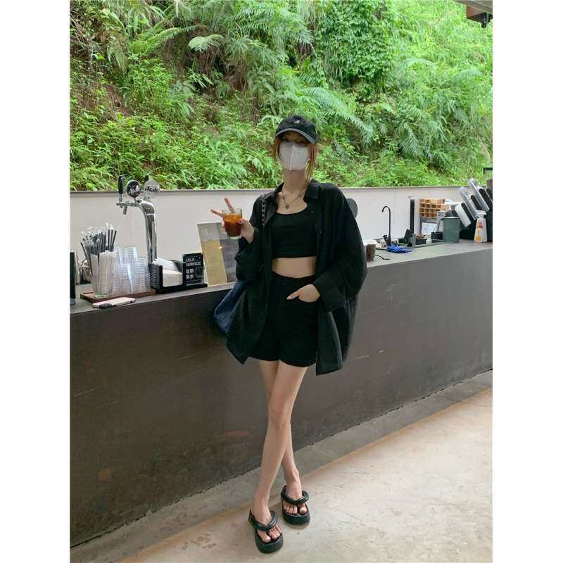夏季薄款透视防晒衬衣女翻领单排扣宽松百搭中长款开衫外套