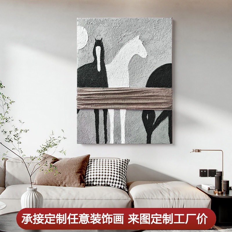 纯手绘油画动物马现代客厅玄关挂画酒店样板房大尺寸轻奢装饰壁画图片
