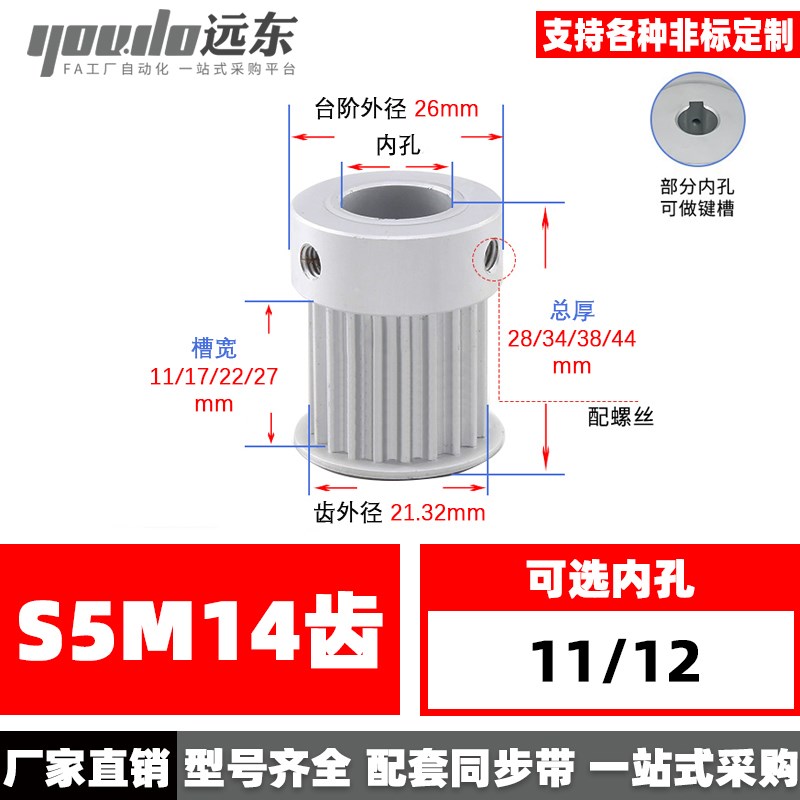 带台S5M14齿精加工14S5M同步轮槽宽11/17/22/27皮带轮齿外径21.32