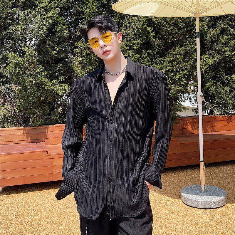 春夏很的JNmsyqgt衬衫男长宽松红韩版袖个性时尚压皱设计感网坠垂