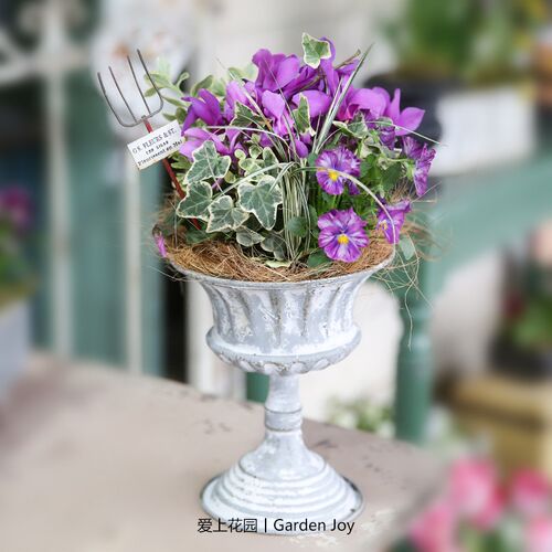 爱上花园丨园艺杂货 铁皮做w旧花桶花盒摆件 铅色竖纹奖杯冰淇淋