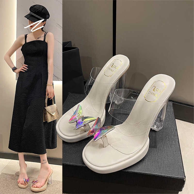 绝美透明水晶高跟鞋蝴蝶结套趾凉鞋女夏法式小众S半拖粗跟夹趾凉