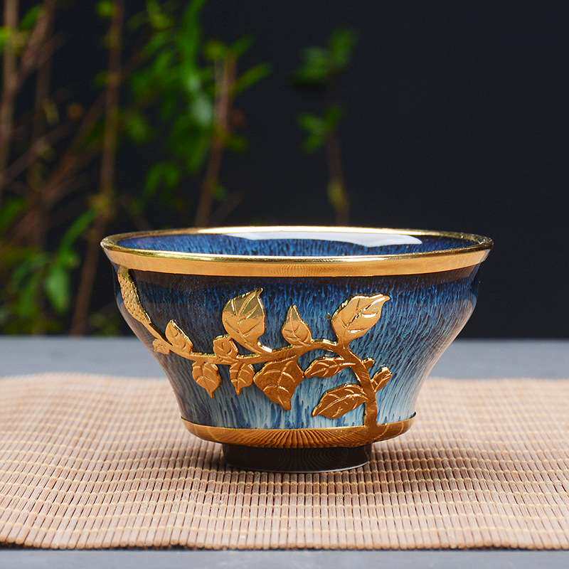手工金镶玉窑变建盏镶金天目釉兔毫盏特色主人杯品茗杯大号茶杯