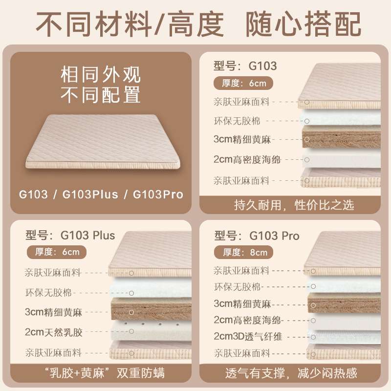 高尔顿可拆洗环保防螨黄麻床垫 家用榻榻米加硬护脊床垫椰棕床垫