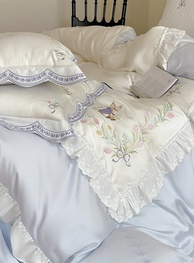 兔兔刺绣款夏季凉感冰丝60支天丝复古田园蓝色花卉四件套床上用品