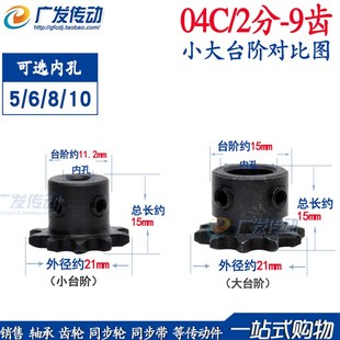 工业链轮 9T2分9齿内孔5 04C 8带顶丝适用2分链条节距6.35 台轮