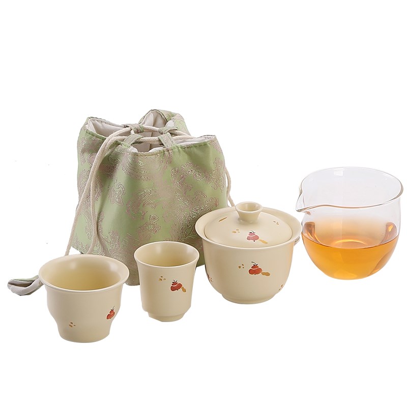 纯手绘好柿发生旅行茶具一壶两杯户外便携式单人喝茶茶具茶碗