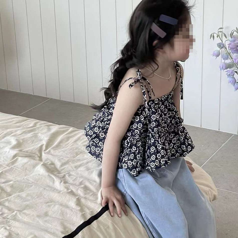 2024新款女宝宝洋气娃娃衫儿童牛仔九分裤二件套女童吊带夏装套装