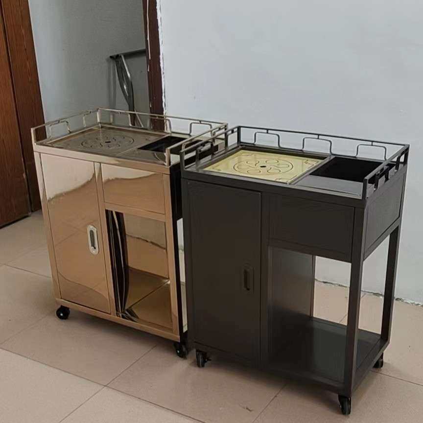 茶楼民宿茶水车泡茶台不锈钢茶水车茶楼双层钛金服务车手推服务车
