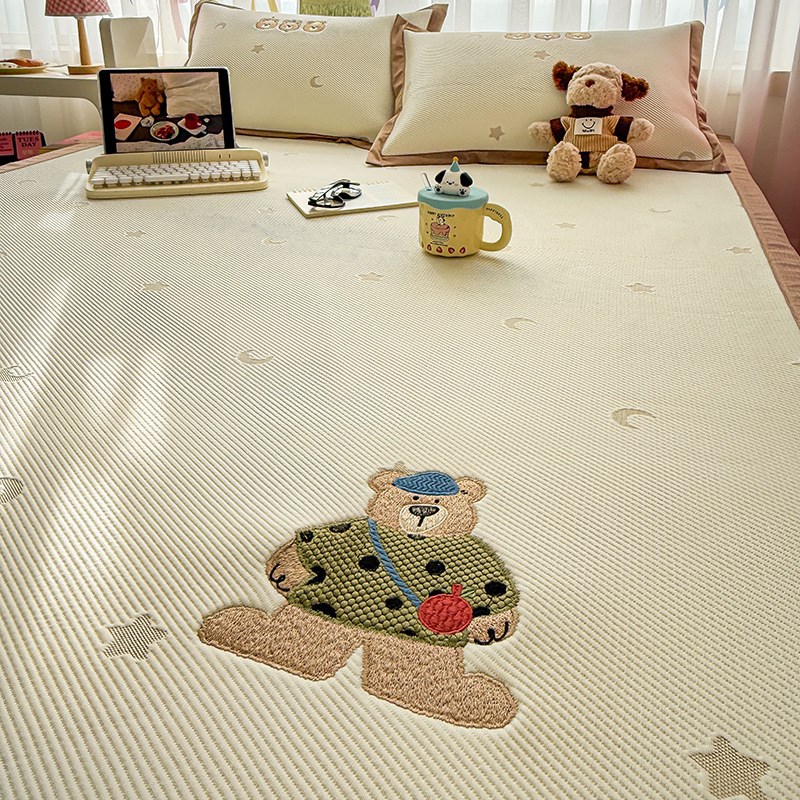 华夫格冰豆豆凉席床垫三件套儿童单人冰丝席夏天空调席绑带款席子